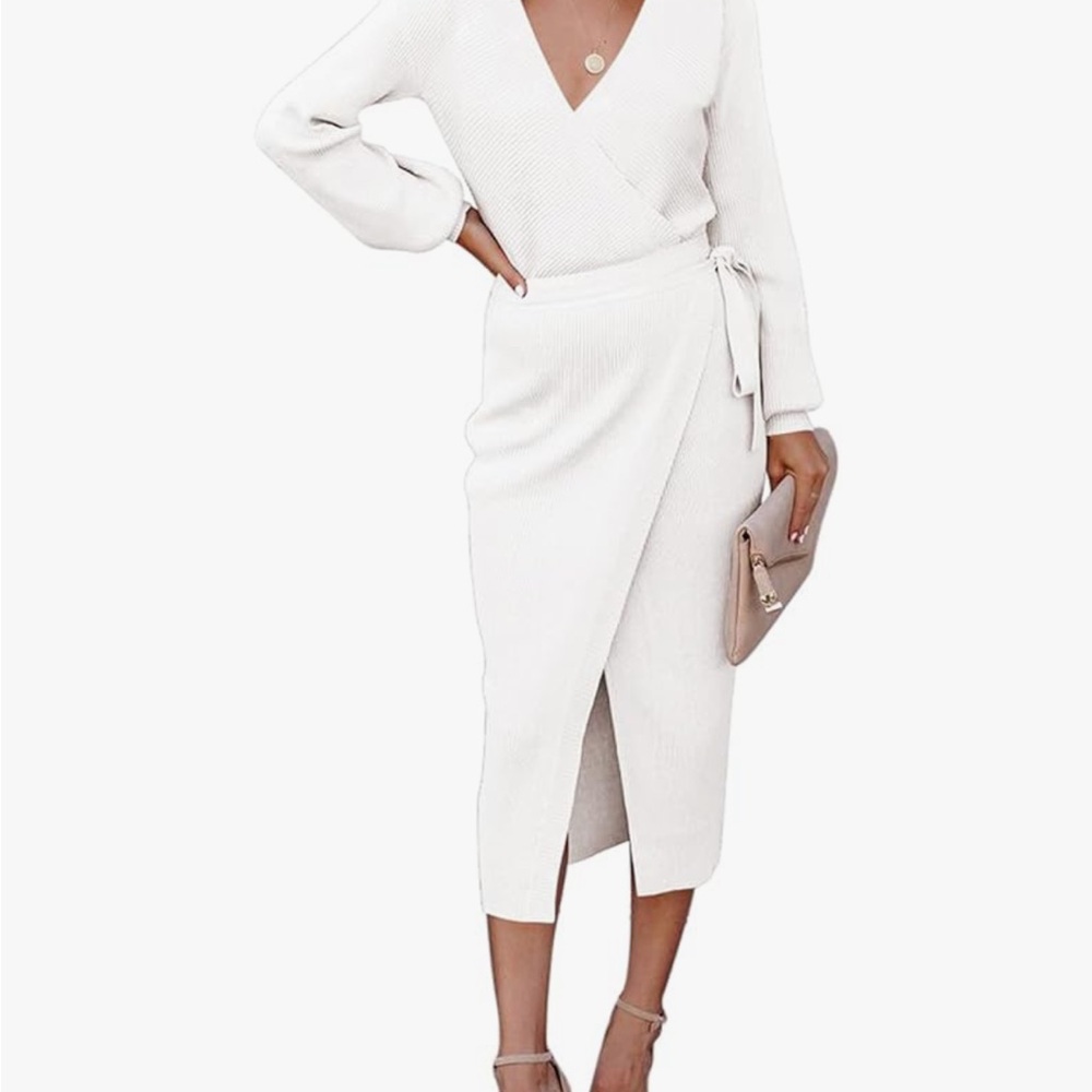 Elegant White Wrap Sweater Dress